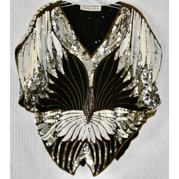 80s Lillie Rubin Evening Black White & Silver Sequins & Beads Butterfly Top - Picture 4 of 6